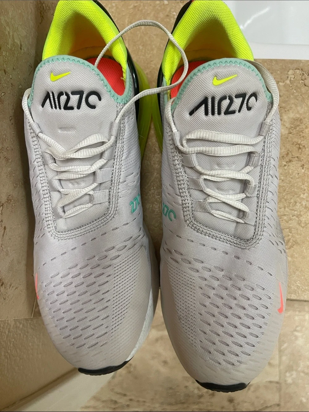 Nike Air270 Athletic Shoes in White with Neon Green & Coral Accents